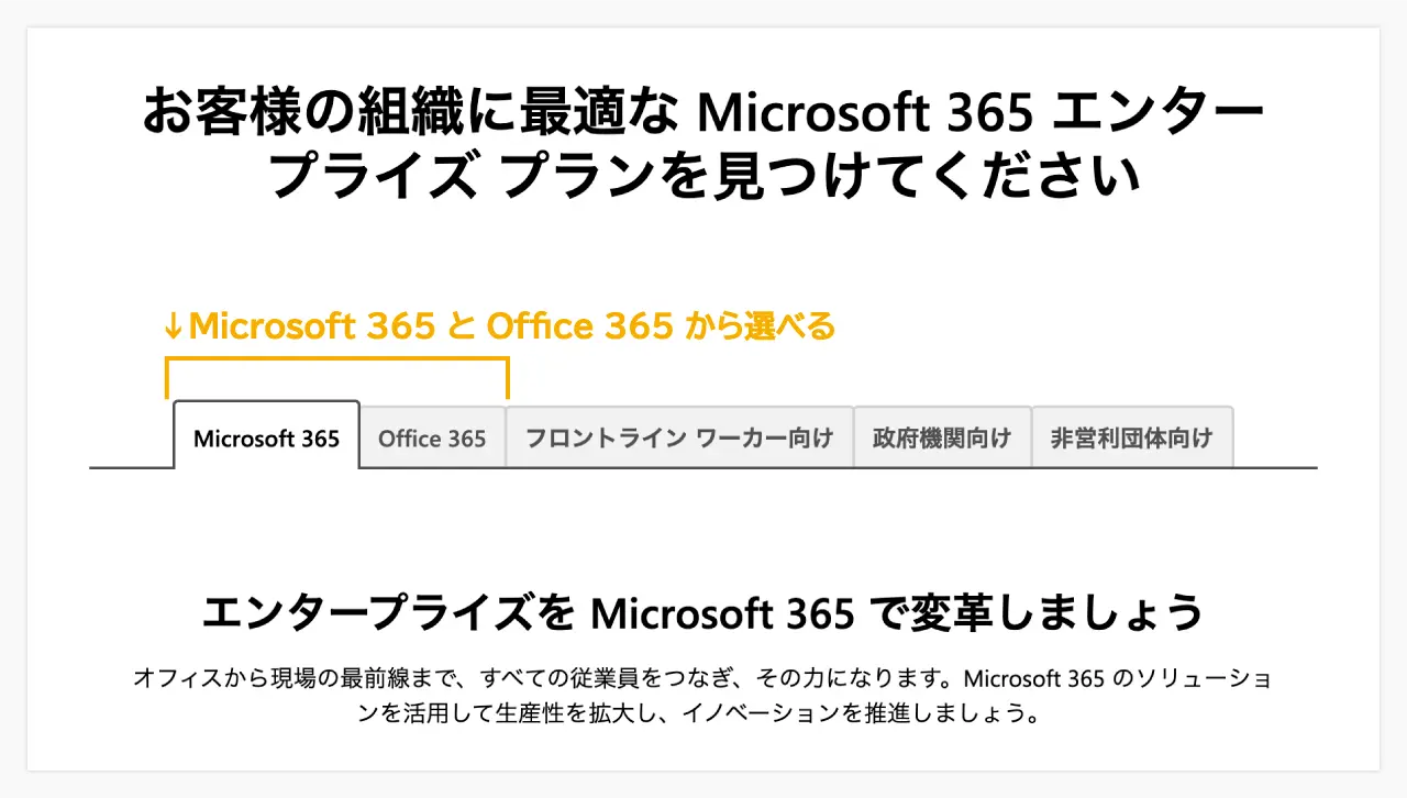 Microsoft 365 エンタープライズ プランの紹介サイト画面