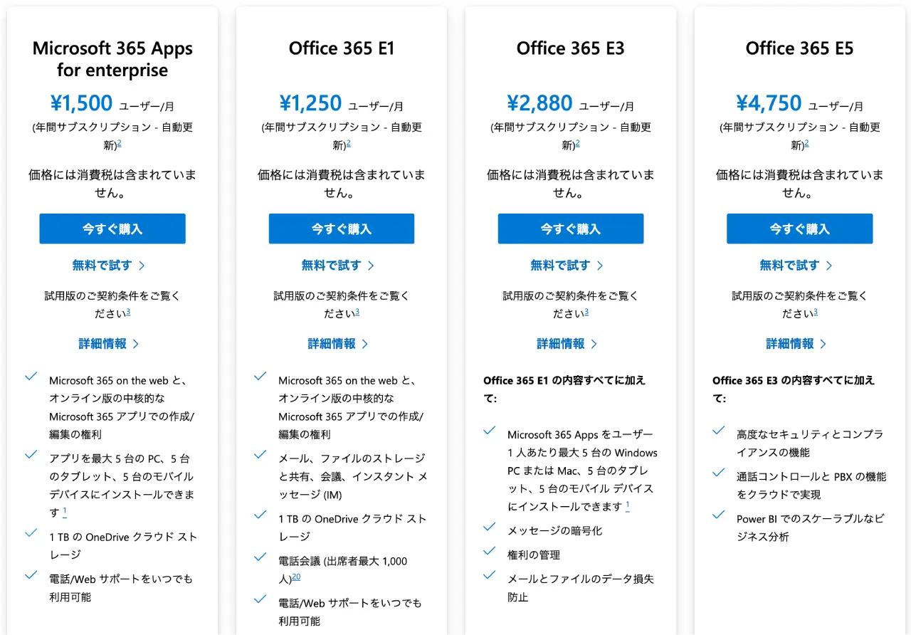 :Microsoft「Microsoft365 Enterprise のプランの比較」紹介ページの画面