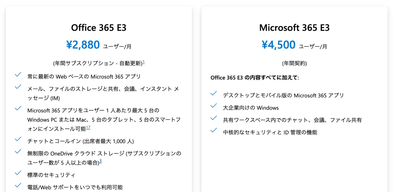 Microsoft365「大企業向け Microsoft365 E3 と Office365 E3 の比較紹介ページの画面